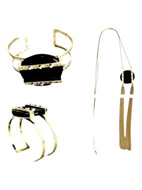 WHBM Necklace and Bracelet Set Large Round Black Stone with Rhinestones Goldtone